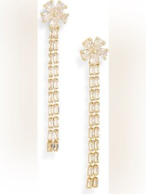 Gold-toned Cubic Zirconia Flower Linear Dangle Drop Earrings